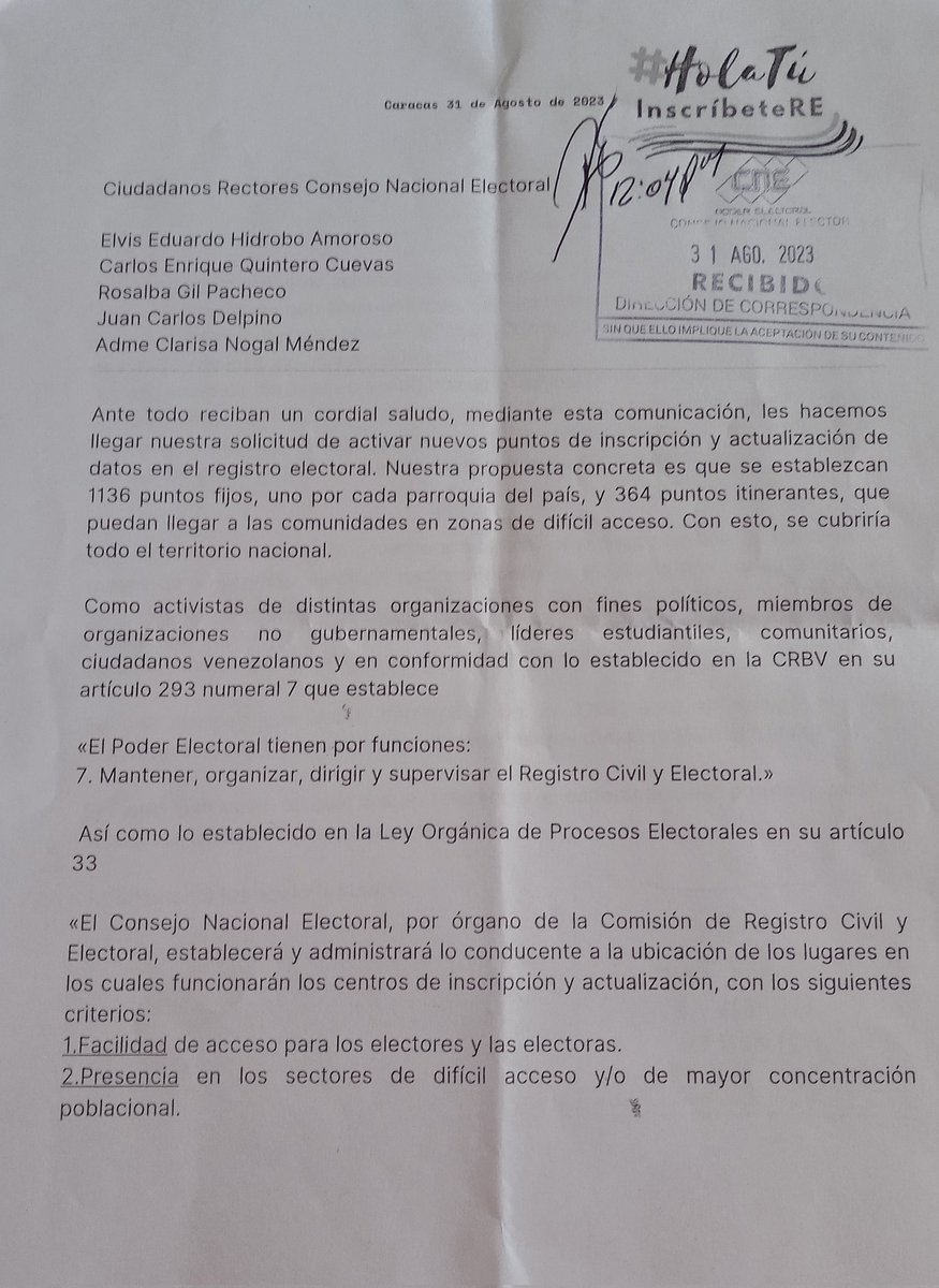 Desde #HolaTúInscríbeteRE el pasado #31Ago consignamos un documento ante el CNE recibido por el Rector @delpinojuan en la sede nacional y que también recibieron 17 ORE del país donde propusimos 1.500 puntos de inscripción y actualización del Registro Electoral