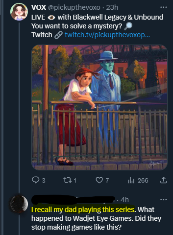 WadjetEyeGames's tweet photo. Oh no. 

Oh NO.

I graduated from "I grew up playing your games" to "My dad played your games."

<turns into dust> https://t.co/IUuzJVkQ9S