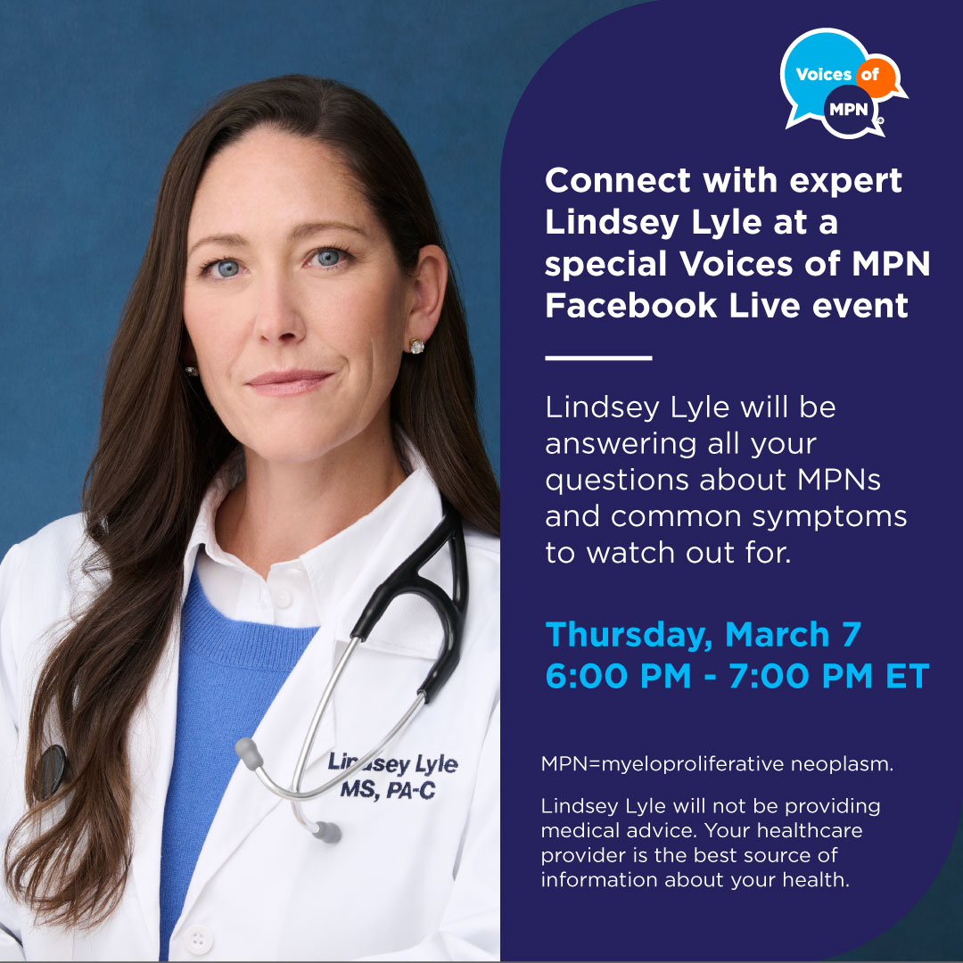 Have questions about MPNs? Connect in real time with expert Lindsey Lyle for a special Voices of MPN Facebook Live event today and take an active role in your care. fb.me/e/abWmb0Co9