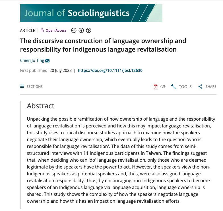 ✨ NEW #JSLX article: 'The discursive construction of #language ownership and responsibility for #Indigenous language #revitalisation' by Chien Ju Ting. 🌐 Read it in #OA here: buff.ly/3KaKLRY #Taiwan #sociolinguistics