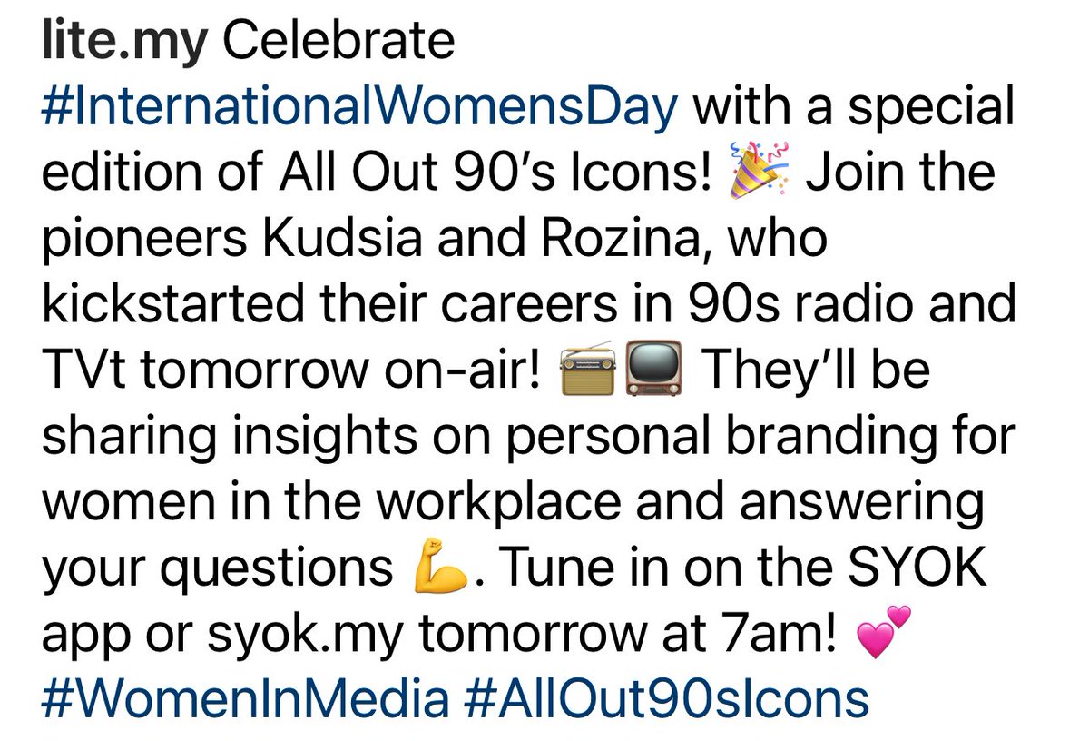 Thanks to Lite FM, <a href="/Kudsia_Kahar/">Kudsia Kahar 🇲🇾, Malaysian First</a> and I are stoked to be sharing our personal #womeninmedia journeys and passion for #personalbranding 

All Out 90s Icons will be on Lite FM, syok.my or SYOK app 8 March 7am GMT+8.

instagram.com/p/C4NltJFpAz6/…