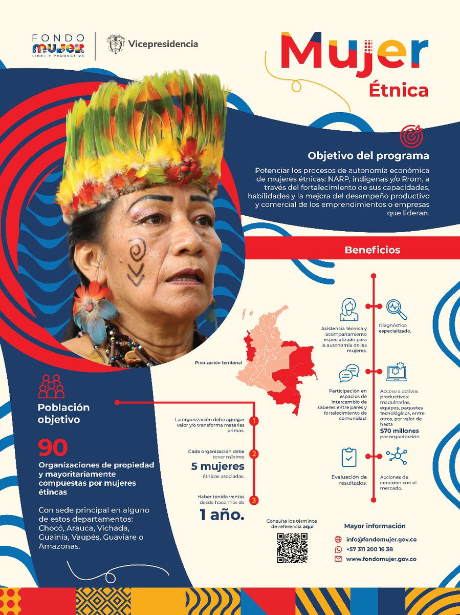 ¿Eres una #MujerÉtnica que desea potencializar sus tradiciones, costumbres y aportar al #DesarrolloSostenible de su territorio? ¡Este programa es para ti! Inscríbete 👉🏽 ee.kobotoolbox.org/x/HS14iw1L 🚀 @Fondo_Mujer @ViceColombia