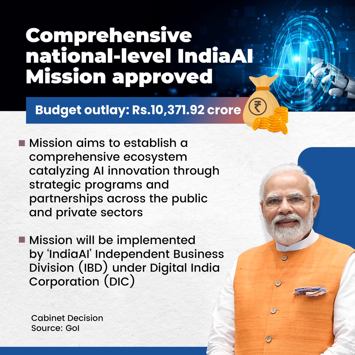 Strengthening India's AI innovation ecosystem.

Approved by the Union Cabinet, the IndiaAI mission will propel innovation and build domestic capacities to ensure herald of a new era in Indian tech sector.

#CabinetDecisions