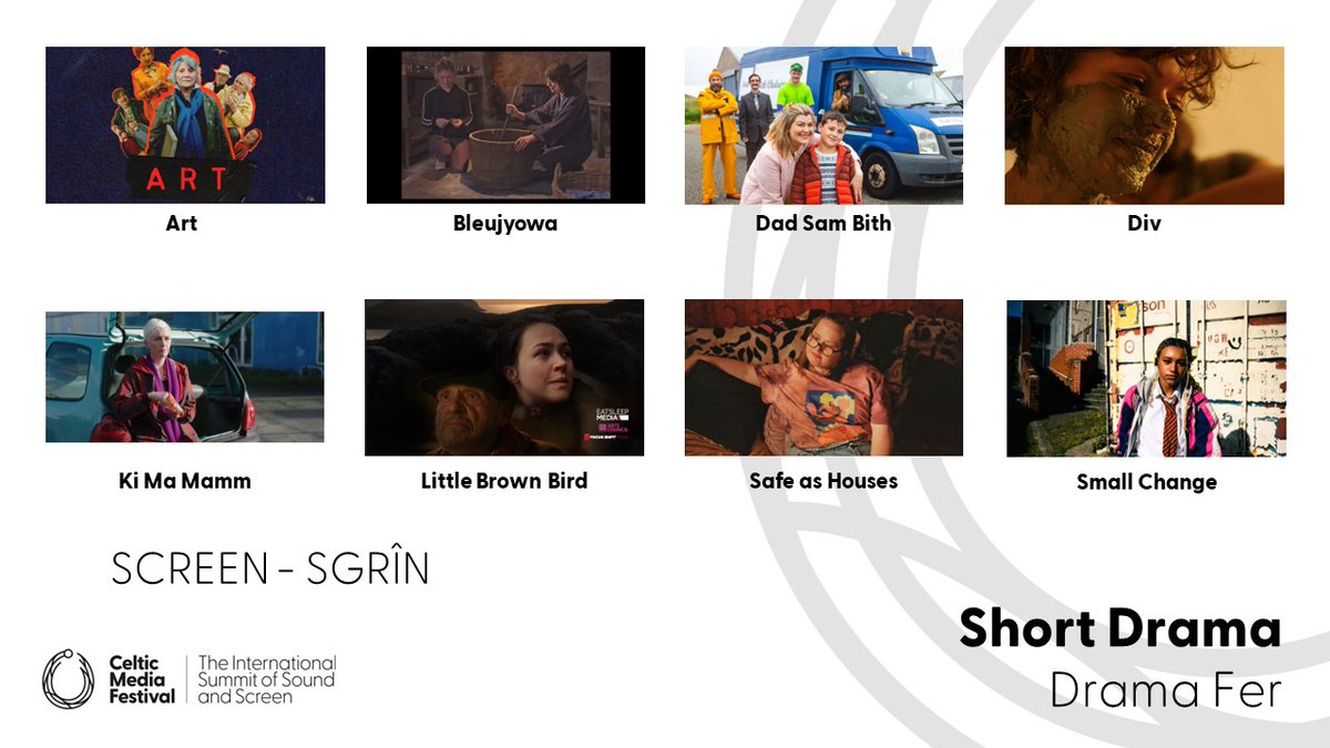 Celtic Media Festival (@celticmediafest) on Twitter photo The nominees for best #ShortDrama are
✨Art @hahumah_
✨Bleujyowa @screencornwall
✨Dad Sam Bith <a href="/mac_tbh/">MacTV</a> @BBCAlba
✨Div
✨Ki Ma Mamm
✨Little Brown Bird <a href="/EatSleepMedia/">EatSleep Media</a>
✨Safe as Houses <a href="/SafeasHousesSF/">Safe as Houses - Screen Ireland Short Film</a>
✨Small Change @itsmyshout <a href="/BBCCymruWales/">BBC Cymru Wales</a>
#CelticMedia #TorcAwards The nominees for best #ShortDrama are
✨Art @hahumah_
✨Bleujyowa @screencornwall
✨Dad Sam Bith <a href="/mac_tbh/">MacTV</a> @BBCAlba
✨Div
✨Ki Ma Mamm
✨Little Brown Bird <a href="/EatSleepMedia/">EatSleep Media</a>
✨Safe as Houses <a href="/SafeasHousesSF/">Safe as Houses - Screen Ireland Short Film</a>
✨Small Change @itsmyshout <a href="/BBCCymruWales/">BBC Cymru Wales</a>
#CelticMedia #TorcAwards