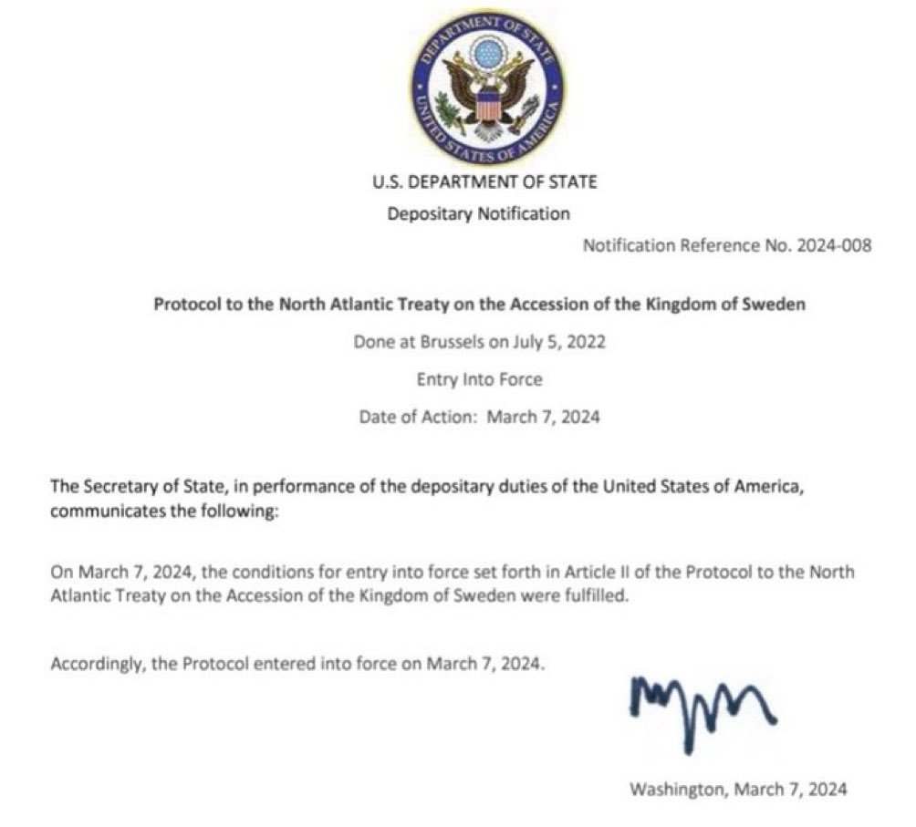 mtracey's tweet photo. Today, Sweden officially joins NATO -- and officially abolishes the policy of armed neutrality it had maintained for 210 years, which had uniquely kept Sweden out of innumerable European wars, two World Wars, the Cold War, and every other military conflict since **1814** https://t.co/FXvMKViznK