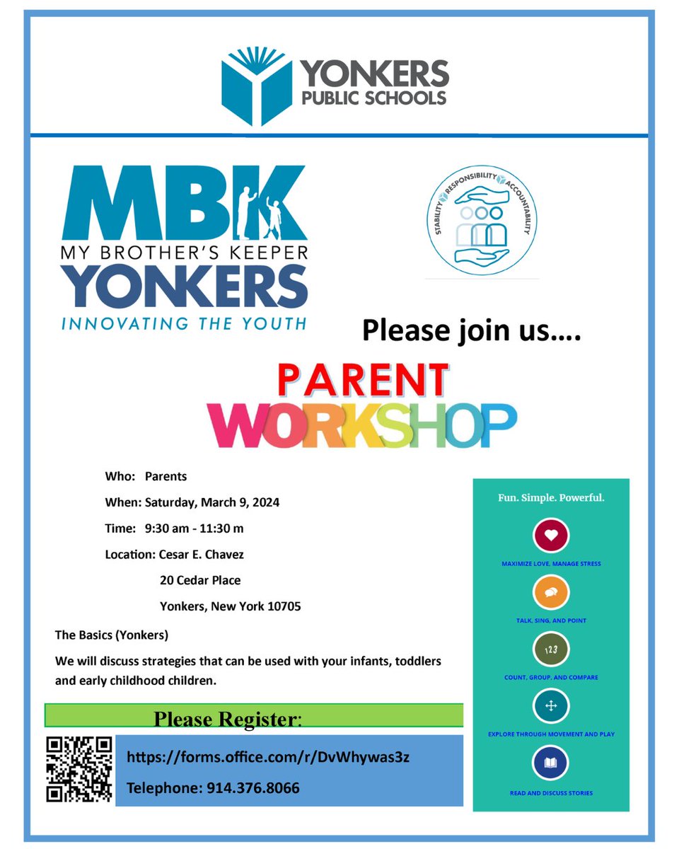 Together with @YonkersMBK #YonkersPublicSchools invites parents/guardians to a workshop at @ChavezSchoolYPS 20 Cedar Place, to learn about nurturing practices that help young children thrive cognitively, physically, socially & emotionally -- and enter school ready to learn.…
