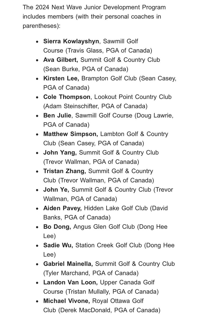 .<a href="/TheGolfOntario/">Golf Ontario</a> has unveiled their Next Wave Junior Development Program, supporting young athletes who may be on the pathway to Team Ontario. 15 players named for 2024