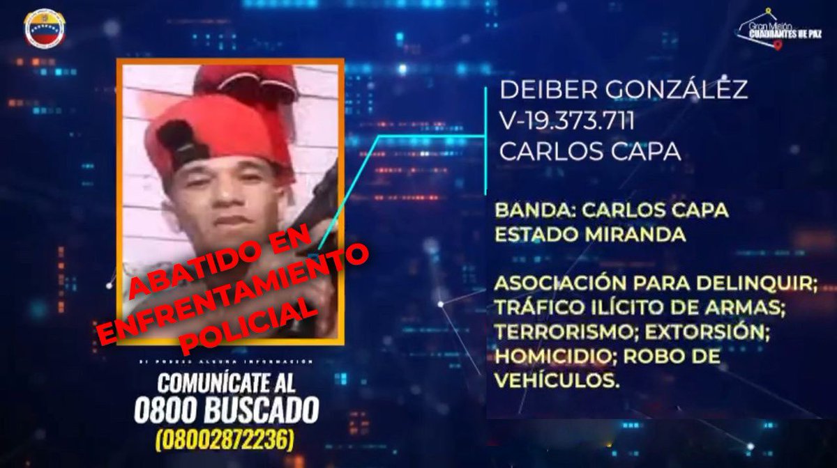 #7MAR || Durante un operativo efectuado en Ocumare del Tuy, resultó abatido en enfrentamiento policial, Deiber González, integrante de la banda Carlos Capa. Este sujeto se encontraba en la lista de los #10MásBuscados por múltiples delitos. 

#BienestarSocialParaElPueblo