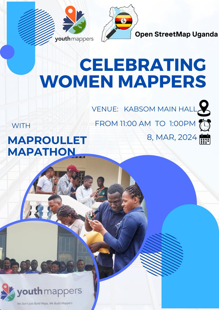 KabUYouthMappe1's tweet photo. ππ Celebrate #InternationalWomensDay with us at the #Mapathon event! π
πΊοΈ We are joining #OpenStreetMapUganda for a day of mapping, learning, and empowerment. Together, we're putting women's contributions on the map.
Register now:π https://t.co/wsYJRQndoY https://t.co/mNaljOgJzS