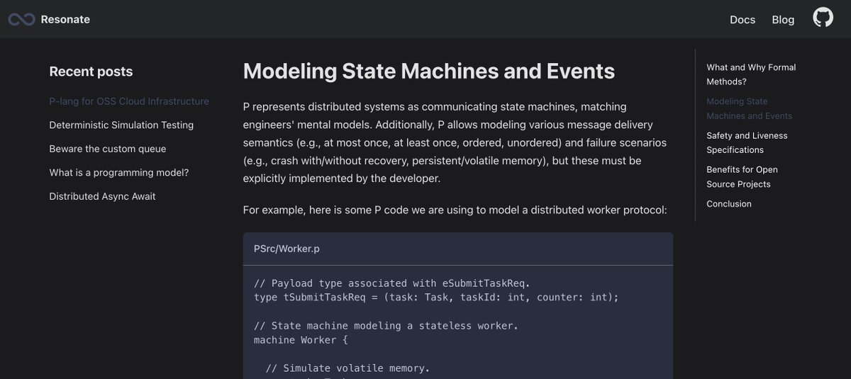 My first blog post for @resonatehqio just dropped! In 'P-lang for OSS Cloud Infrastructure', we'll take a closer look at the programming language P, discuss why formal modeling is beneficial for OSS, and share insights into how we leveraged these concepts in our work. Link