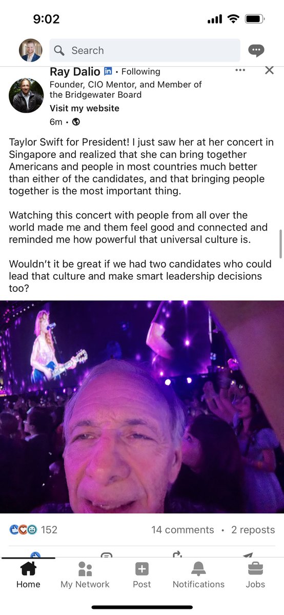 KyleHughes_3's tweet photo. Nothing like Ray Dalio at a Taylor Swift concert talking about how she can mend foreign relations to start your day! https://t.co/fPNbo2PlqU