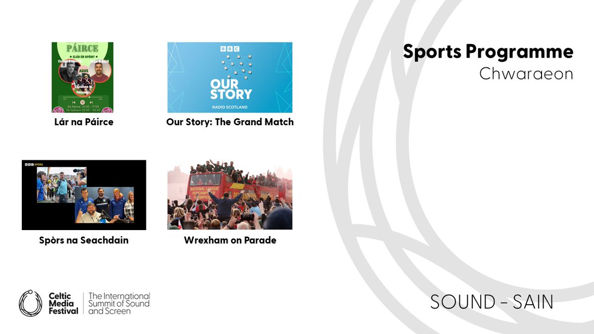 The nominees for best #SportsProgrammeSound are ✨Lár na Páirce @raidiofailte ✨Our Story: The Grand Match @bbcradioscotland ✨Spòrs na Seachdain @bbcspors @BBCRnG ✨Wrexham on Parade @bbcradiowales #CelticMedia #TorcAwards