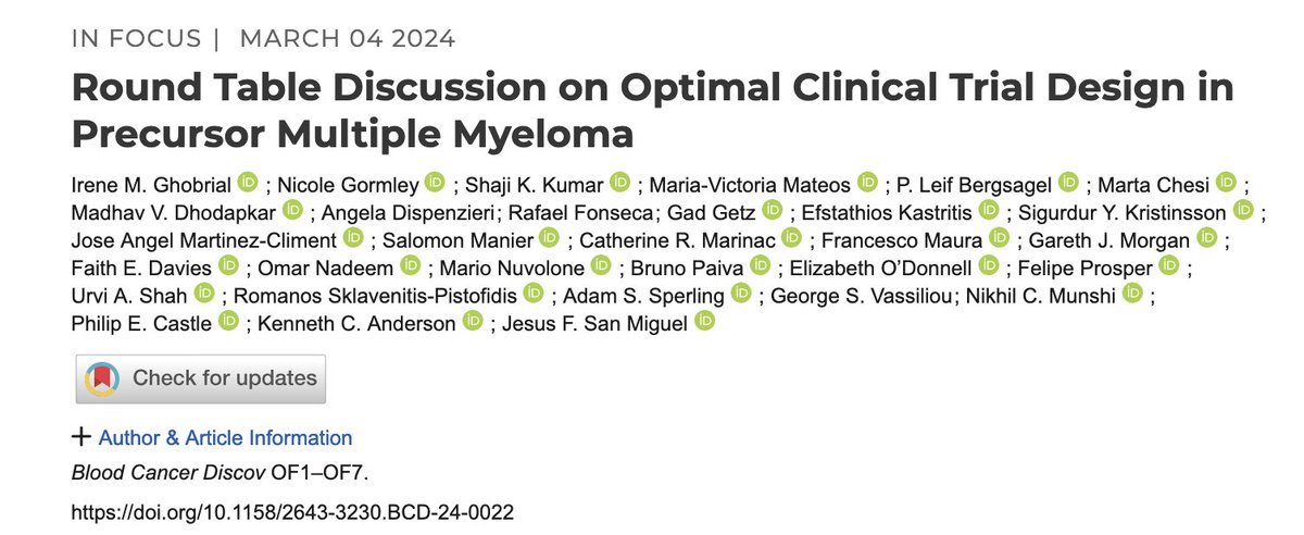 ManniMD1's tweet image. Just had a chance to read this round-table discussion on trials for myeloma precursors.

Non pay-walled link:

drive.google.com/file/d/1eAlv5_…

With no disrespect to the stellar authors, this was a painful read that lacked context/nuance , and I highlight in this thread.

#mmsm

1/