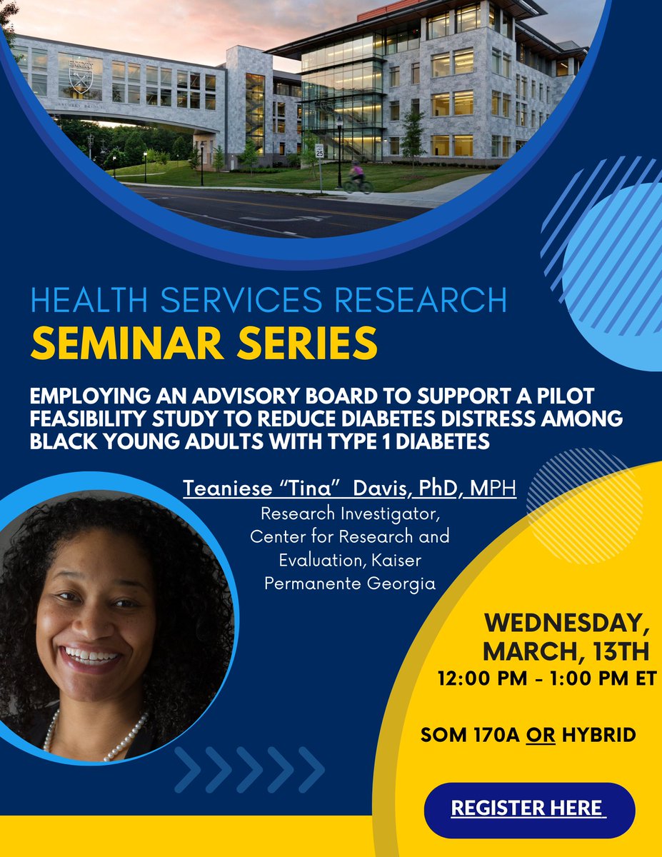 Join us next week for our HSR Seminar Series featuring, Research Investigator, Teaniese “Tina” Davis, PhD, MPH.   

📅Wednesday, March 13th, 2024  ⏲️12-1pm  📍SOM 170A or zoom

Register here: zoom.us/webinar/regist…