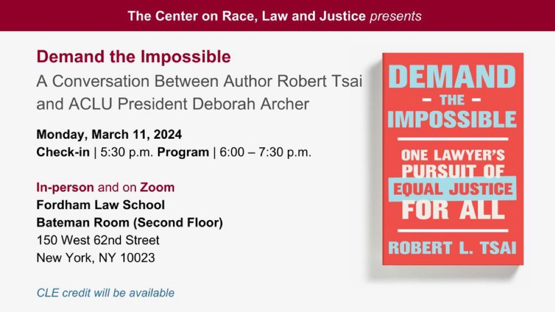 Hope to see you on the road, starting Monday night at @FordhamLawNYC with @ACLU President & @nyulaw Prof @DeborahNArcher! bit.ly/3HBdwFo