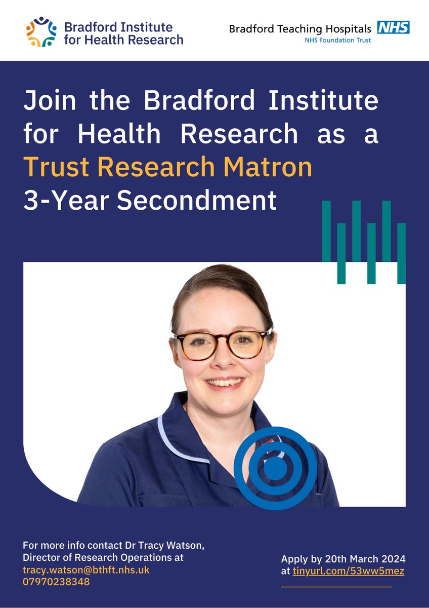 JOB OPPORTUNITY - Join us as a Trust Research Matron @BTHFT! This is an exciting opportunity to work alongside @JennySyson to provide senior clinical research leadership & support to our centralised research delivery workforce. For more info & to apply: tinyurl.com/euw6pz5t