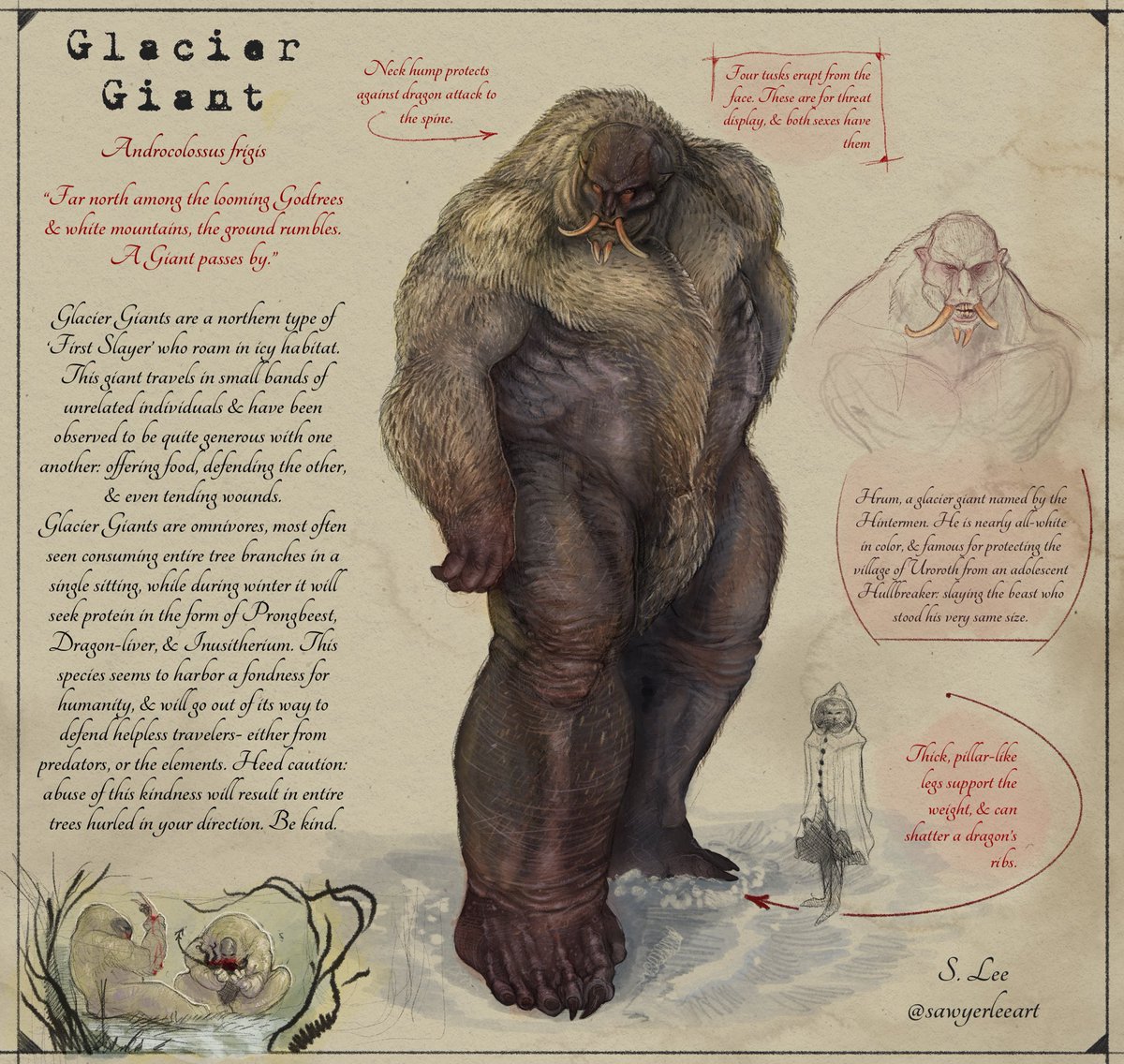 Glacier Giants- the colossi of the north. These are formidable beasts who favor the Godtree- a type of tall pine tree bearing many, many branches. They can be found among ice floes & the mouths of frozen caves as well- finishing off whatever they last ate.