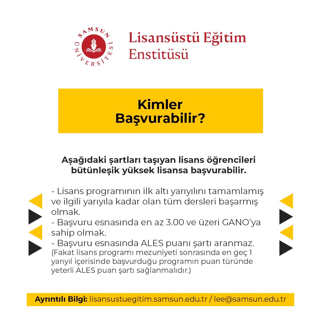 Bütünleşik Yüksek Lisans...!
<a href="/samsun_univ/">Samsun Üniversitesi</a> lisans öğrencileri önemli bir fırsat sunmaya başladı. 
Artık lisans öğrencileri gerekli şartları sağlamaları durumunda son sınıftayken yüksek lisansa başlayabilecekler.
Ayrıntılı bilgi için enstitümüz web sayfasını ziyaret edebilirsiniz.