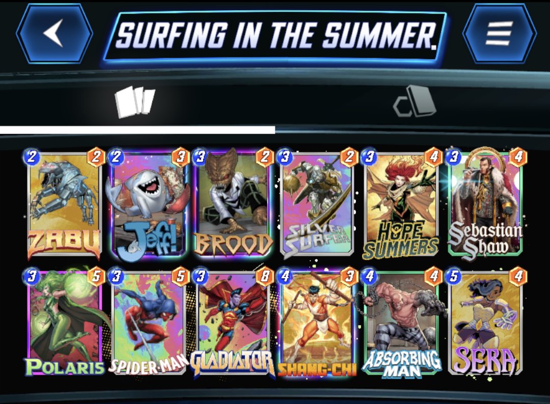 LironWeinstock's tweet photo. infinite again, mostly with this Surfer deck which feels so good. Hope really elevates this deck but honestly  the real MVP is Absorbing man. Double surfer distributes so much power across the board, especially if you have Shaw and Brood on the board @SnapDecks @MARVELSNAP https://t.co/AfTWY16ya3