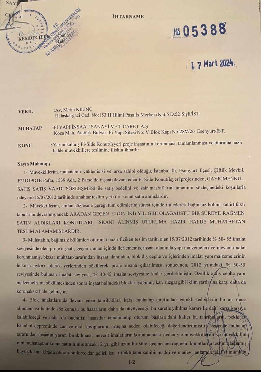 FisideMalikleri's tweet photo. 📢 Duyuru;
Fi Side Kat İrtifaklı tapu sahipleri adına  Fi Yapı Şirketi’ne karşı son ihtarımızdır. https://t.co/l84k8MOBFP