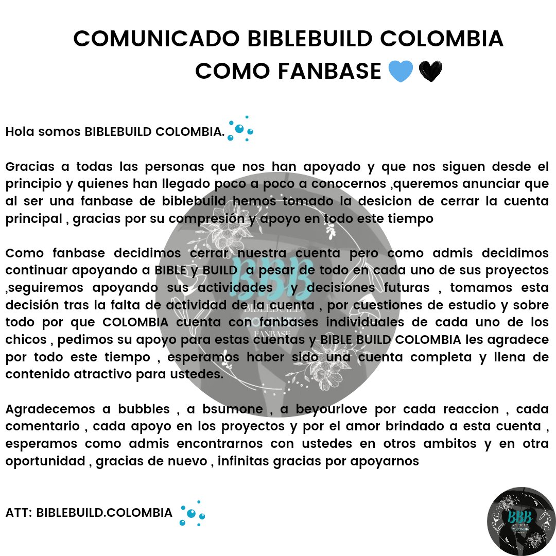 BibleBuildColom's tweet image. 🔹 COMUNICADO BIBLE BUILD COLOMBIA 🔹

Gracias a #bsumone #beyourlove y #bubbles  por todo este tiempo junto a nosotros esperamos poder encontrarnos en otra oportunidad y coincidir con ustedes, gracias por el apoyo 💙🖤
Esto a sido BIBLEBUILD.COLOMBIA