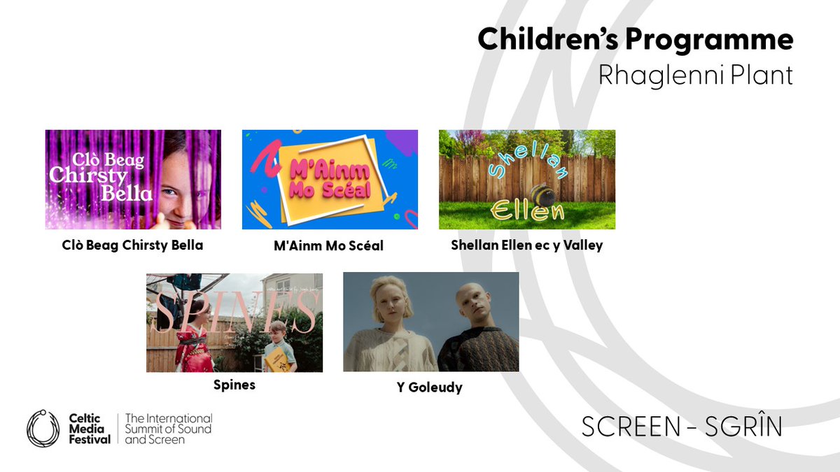 Celtic Media Festival (@celticmediafest) on Twitter photo The nominees for best #ChildrensProgramme are
✨Clò Beag Chirsty Bella <a href="/BBCALBA/">BBC ALBA</a>
✨M'Ainm Mo Scéal @RMacBhloscaidh <a href="/Cula4_TG4/">Cúla4 🌈✨</a>
✨Shellan Ellen ec y Valley @SkimmeeGaelgagh
✨Spines <a href="/ScreenCornwall/">Screen Cornwall</a>
✨Y Goleudy <a href="/boomcymru/">Boom Cymru</a> <a href="/S4C/">S4C 🏴</a>
#CelticMedia #TorcAwards The nominees for best #ChildrensProgramme are
✨Clò Beag Chirsty Bella <a href="/BBCALBA/">BBC ALBA</a>
✨M'Ainm Mo Scéal @RMacBhloscaidh <a href="/Cula4_TG4/">Cúla4 🌈✨</a>
✨Shellan Ellen ec y Valley @SkimmeeGaelgagh
✨Spines <a href="/ScreenCornwall/">Screen Cornwall</a>
✨Y Goleudy <a href="/boomcymru/">Boom Cymru</a> <a href="/S4C/">S4C 🏴</a>
#CelticMedia #TorcAwards