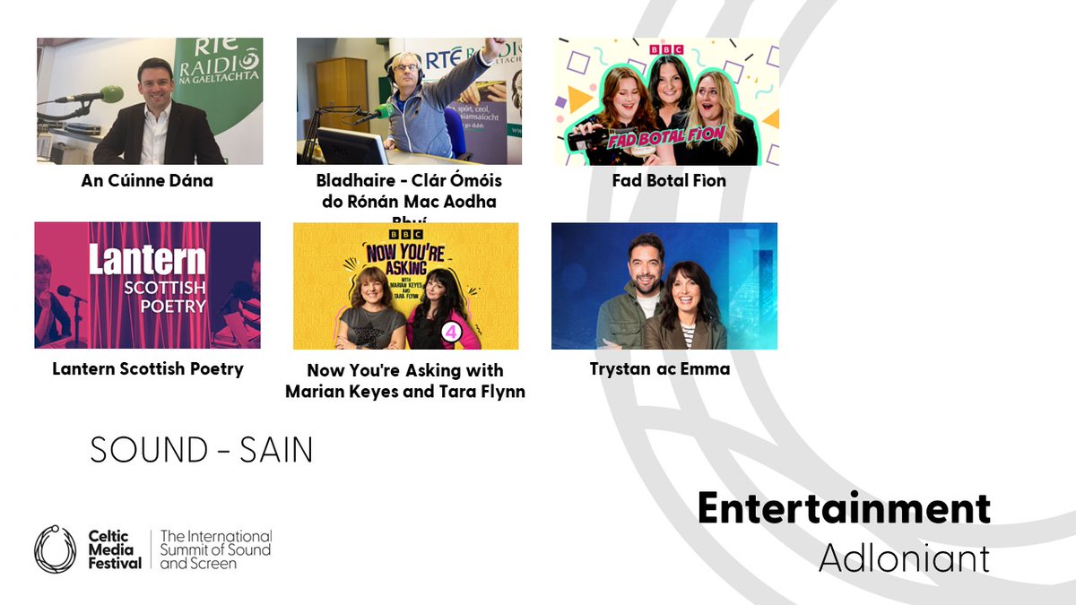 Nominees #EntertainmentSound ✨An Cúinne Dána @rteRnG ✨Bladhaire -Clár Ómóis do Rónán Mac Aodha Bhuí @Bladhairernag ✨Fad Botal Fìon @BBCScotland ✨Lantern Scottish Poetry podcast @Bespoken_UK ✨Now You're Asking with Marian Keyes and Tara Flynn ✨Trystan ac Emma @BBCRadioCymru