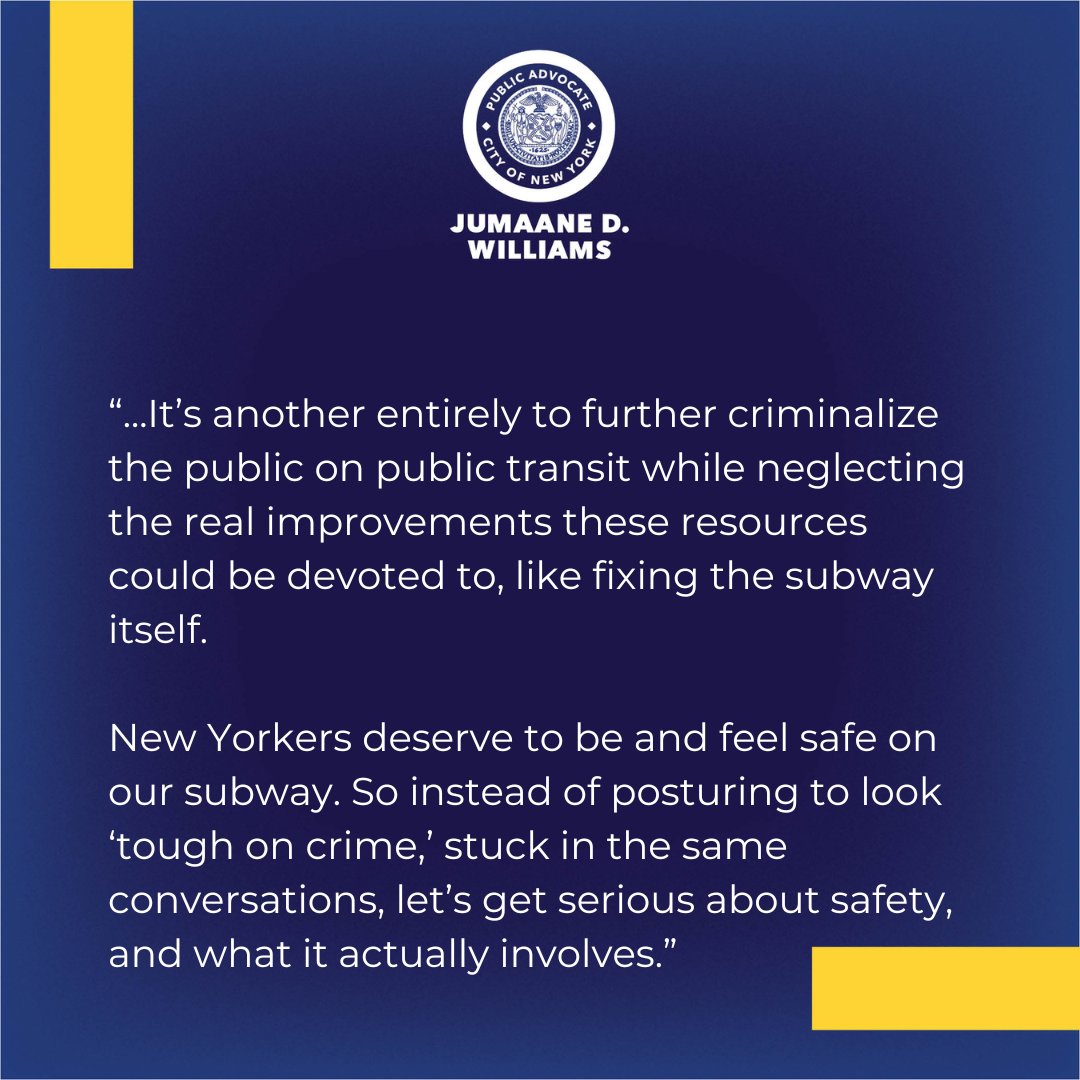 'Militarizing the subway with the National Guard and suggesting a wholesale ban on individuals from accessing public transportation are dangerous misuses of resources which could be better spent addressing these issues at their root.' Full statement: advocate.nyc.gov/press/public-a…