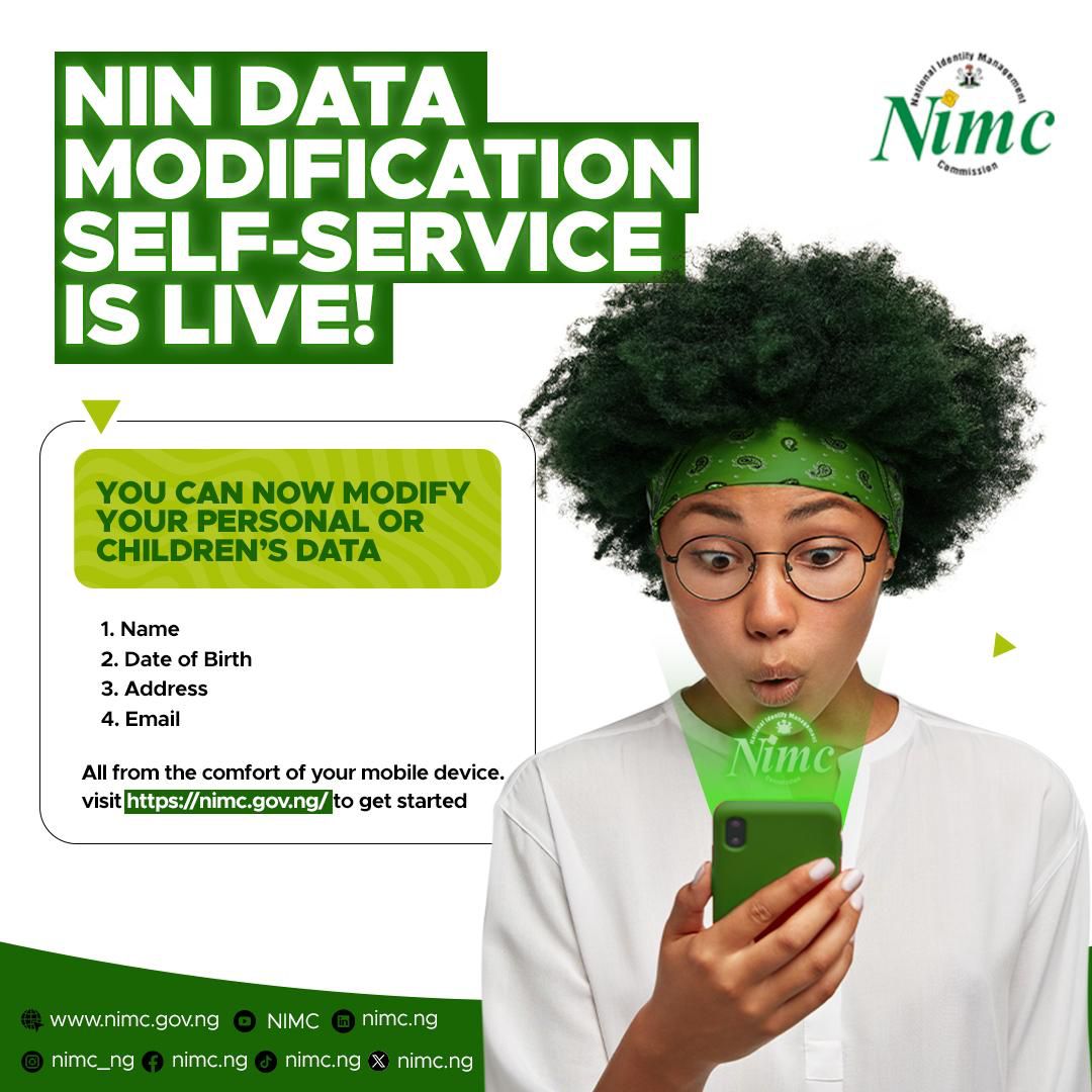 bigmorsh's tweet image. NIN data modification self-service is now live. You can modify your name, date of birth, address, and email for yourself or your children. All from the comfort of your home. Check infographic for details. 

#NINmodification