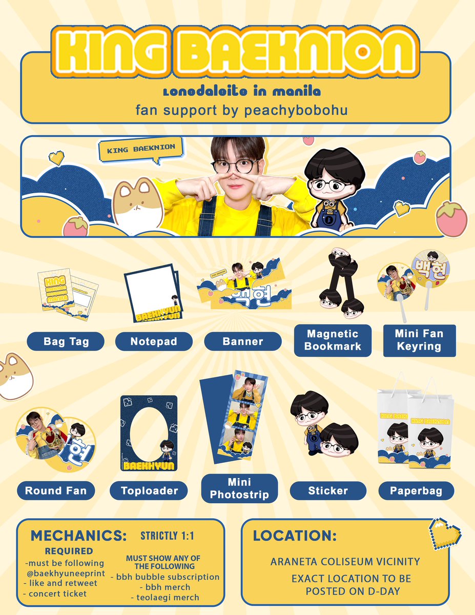 peachybobohu's tweet photo. 💛💙 ᴋɪɴɢ ʙᴀᴇᴋɴɪᴏɴ 💙💛
lonsdaleite in mnl fs by peachybobohu

🍌mechanics:
- like &amp; rt
- must be following @baekhyuneeprint 
- con tix
- show any of the following listed on pubmat

🍌 show proof before claiming
🍌 1:1 only

#LonsdaleiteinManila 
#Lonsdaleite
#BAEKHYUN https://t.co/lEJdccEkLq