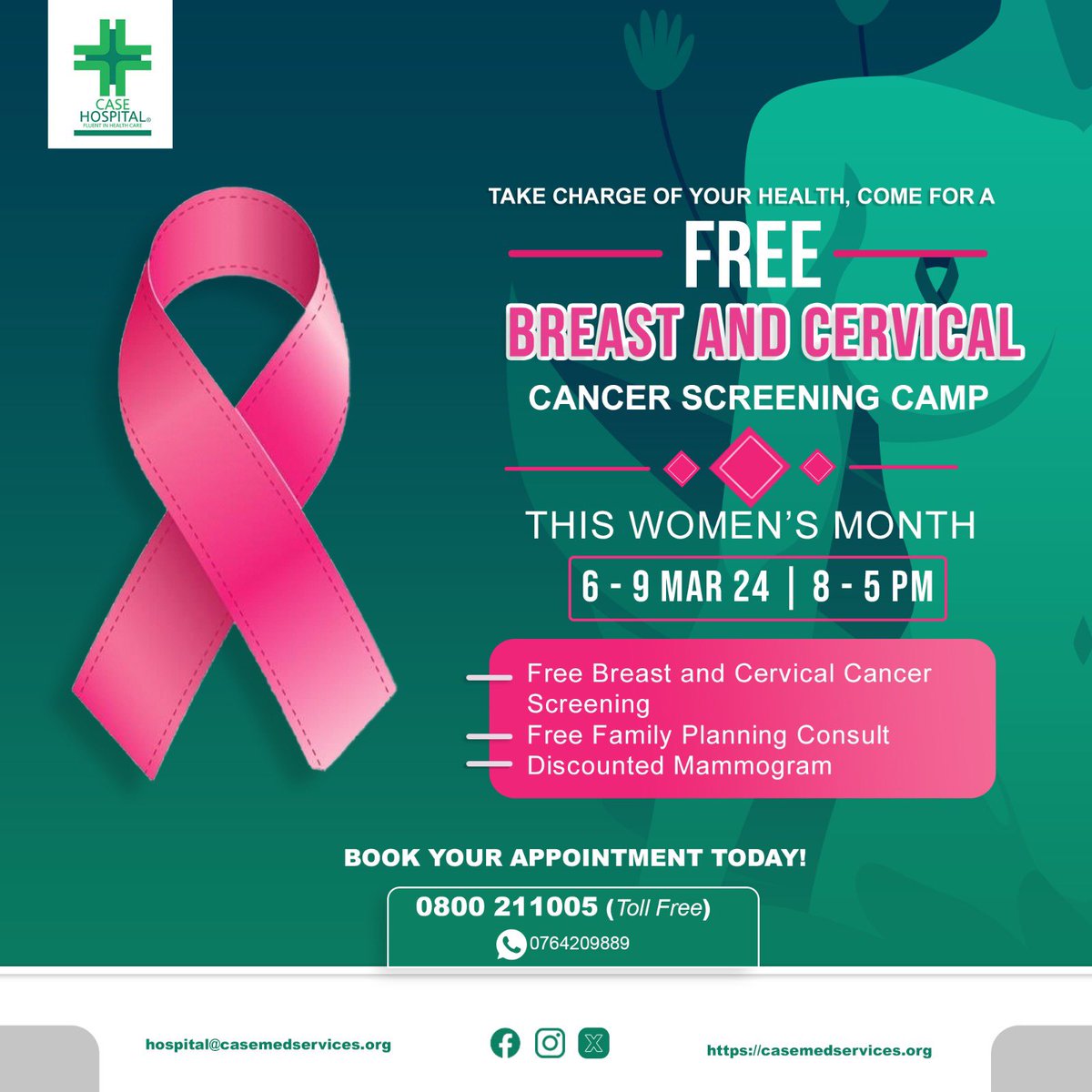 Join us at Case Hospital @casemedservices for FREE Breast and Cervical Cancer Screening at our upcoming camp from March 6th to 9th! 

Don't miss this vital opportunity. Call toll-free at 0800211005 for more details. 

Spread the word! #CancerScreening #Healthcare'