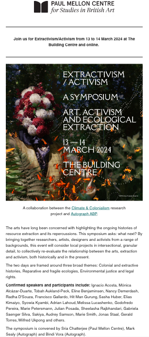 Marie Petersmann (@mariepetersmann) on Twitter photo Join us <a href="/PaulMellonCentr/">Paul Mellon Centre for Studies in British Art</a> 13-14 March for a Symposium on Art, Activism & Ecological Extraction, by @pocoeco_s, Mark Sealy @Bindi_Vora <a href="/AutographABP/">Autograph</a>.
I will talk about Black Ecofeminism in Court: Litigating for Climate Justice & Reparations.
Register here: paul-mellon-centre.ac.uk/whats-on/forth… Join us <a href="/PaulMellonCentr/">Paul Mellon Centre for Studies in British Art</a> 13-14 March for a Symposium on Art, Activism & Ecological Extraction, by @pocoeco_s, Mark Sealy @Bindi_Vora <a href="/AutographABP/">Autograph</a>.
I will talk about Black Ecofeminism in Court: Litigating for Climate Justice & Reparations.
Register here: paul-mellon-centre.ac.uk/whats-on/forth…