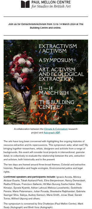 Join us @PaulMellonCentr 13-14 March for a Symposium on Art, Activism & Ecological Extraction, by @pocoeco_s, Mark Sealy @Bindi_Vora @AutographABP. I will talk about Black Ecofeminism in Court: Litigating for Climate Justice & Reparations. Register here: paul-mellon-centre.ac.uk/whats-on/forth…