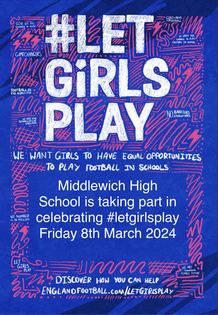 🚨LET’S CELEBRATE🚨

To celebrate equal opportunities for girls in football and International Women’s Day, the PE department will be delivering football for girls in all lessons and at lunch time on Friday. 

We can’t wait to🎉 

#LetGirlsPlay #InternationalWomensDay2024
