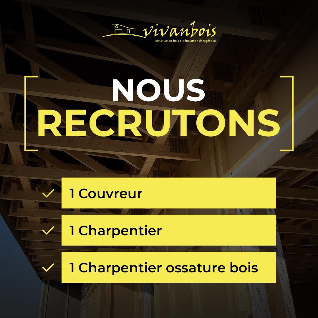 Rejoignez notre son équipe passionnée avec des postes ouverts pour les profils suivants :
- Charpentier ossature bois
- Couvreur
- Conducteur de travaux en rénovation énergétique
- Technicien de maintenance
- Poseur menuiserie - domotique
maison-en-bois-17.fr/recrutement/