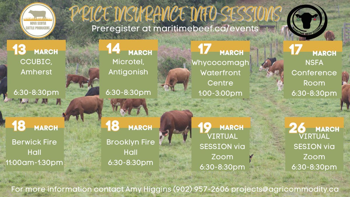 Nova Scotia Cattle Producers (@nscattle) on Twitter photo REMINDER: The Maritime Beef Council is hosting Livestock Price Insurance - Eastern Version information sessions, from March 11-27th.
Preregister at maritimebeef.ca/events/
Contact Amy Higgins at (902) 957-2606 or projects@agricommodity.ca with questions or for more information! REMINDER: The Maritime Beef Council is hosting Livestock Price Insurance - Eastern Version information sessions, from March 11-27th.
Preregister at maritimebeef.ca/events/
Contact Amy Higgins at (902) 957-2606 or projects@agricommodity.ca with questions or for more information!