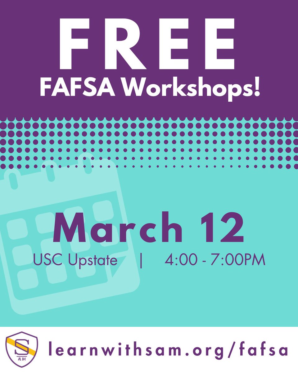 Unlock financial aid opportunities with our upcoming FAFSA Workshop on Tuesday, March 12th at USC Upstate! Register now for free at learnwithsam.org/fafsa.