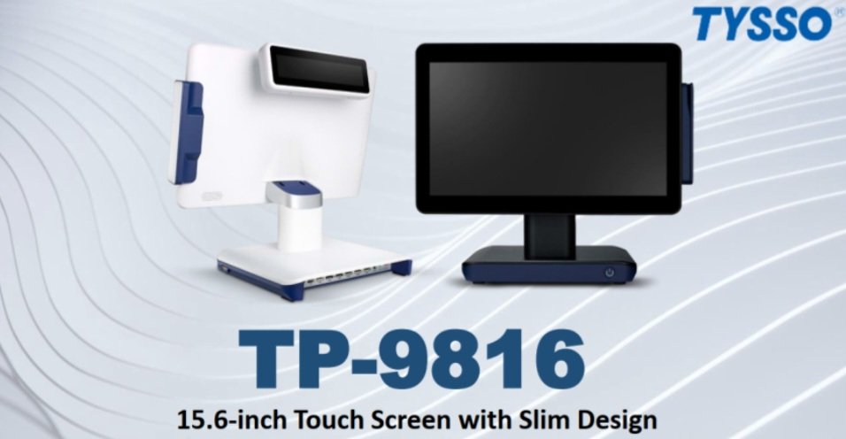 Introducing the Tysso TP-9816 15.6" Widescreen Ultra Thin Touchscreen POS with 11th Gen Intel Core i3 Tigerlake-U CPU

- Rapid, fanless operation
- WiFi &amp; Bluetooth enabled
- Customizable colours &amp; logo
- Optional MSR, VFD, NFC &amp; 2nd LCD

Contact sales@iposltd.com for more info