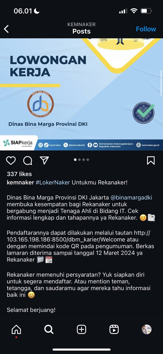 imrenagi's tweet photo. Kita mau berharap apa sama pemerintah soal perlindungan tenaga kerja dan data ketika @KemnakerRI nya sendiri ngepost lowongan kerja di web pake IP address dan minta data pribadi di upload di website tanpa HTTPS. Hal yg basic aja gak becus. 🤪🤪 https://t.co/GvntK6YRU4