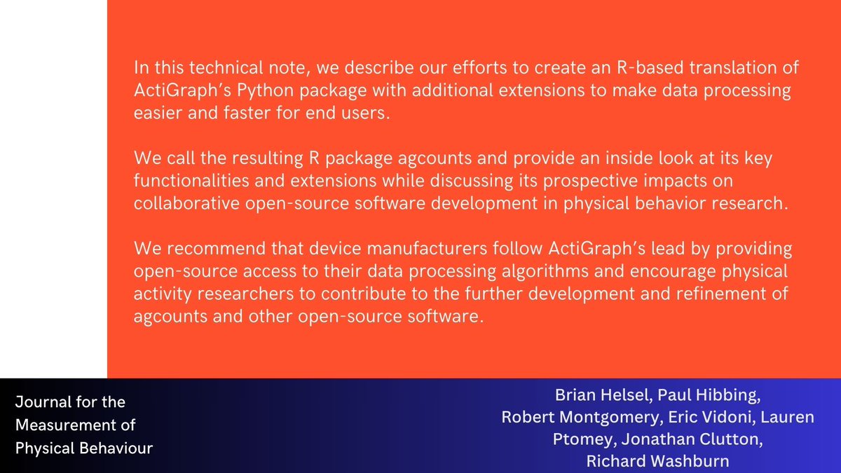 This technical note describes agcounts -- an #opensource #R-based translation of ActiGraph's #Python package for generating activity counts from raw #accelerometer data. Abstract here ⏬, full article coming soon!