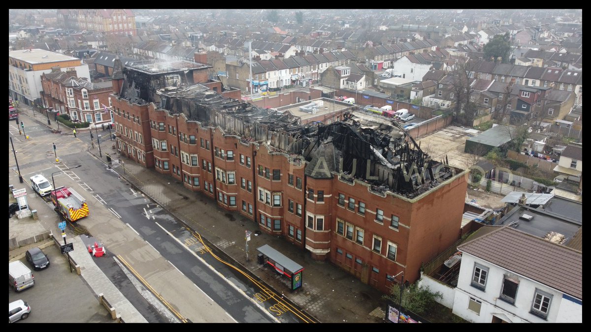 Ariel photo shows the damage at Forest Gate police station this morning after yesterday's 30 pump fire. @LondonFire remain on scene and Romford Road E7 remains closed nearby.