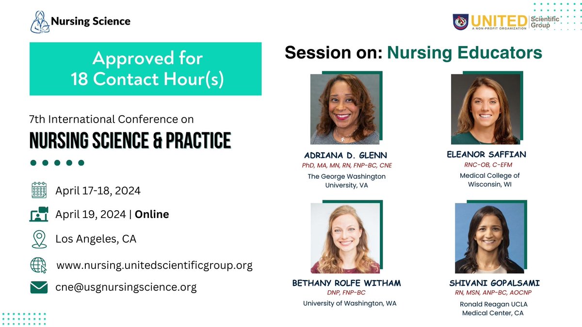 🌟Introducing Nursing Educators Session Speakers Line-up 🌟
Mark your calendars for our #Annual Nursing #Conference which is just around the corner!
<a href="/uniscigroup/">United Scientific Group</a> 

April 17-19, 2024
09:00-17:00 Pacific Time
Los Angeles &amp; Virtual!!