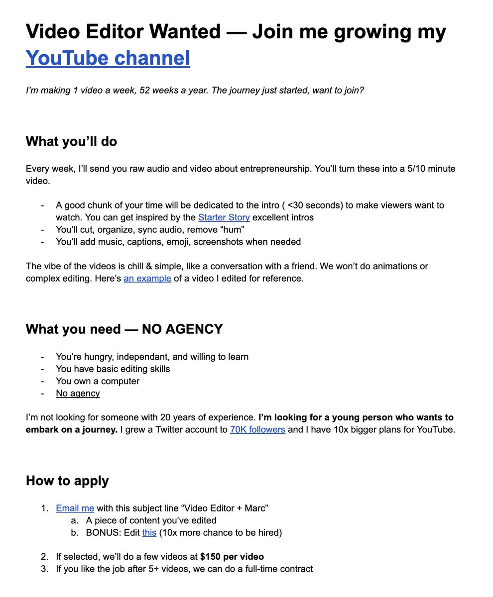 I'm hiring a Video Editor! 🎞️✂️

We'll grow my YouTube channel from 6K to 1M subscribers (dream big, they say)

Job application link below. Join me!