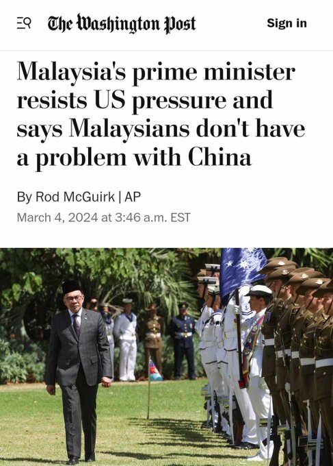 WaPo: 'Malaysia's Prime Minister Resists US Pressure, Says Malaysians Don't Have a Problem with China' New Great Power Contest is witnessing Global South & especially SE Asian countries actually not wanting to be drawn into geopolitical camps.