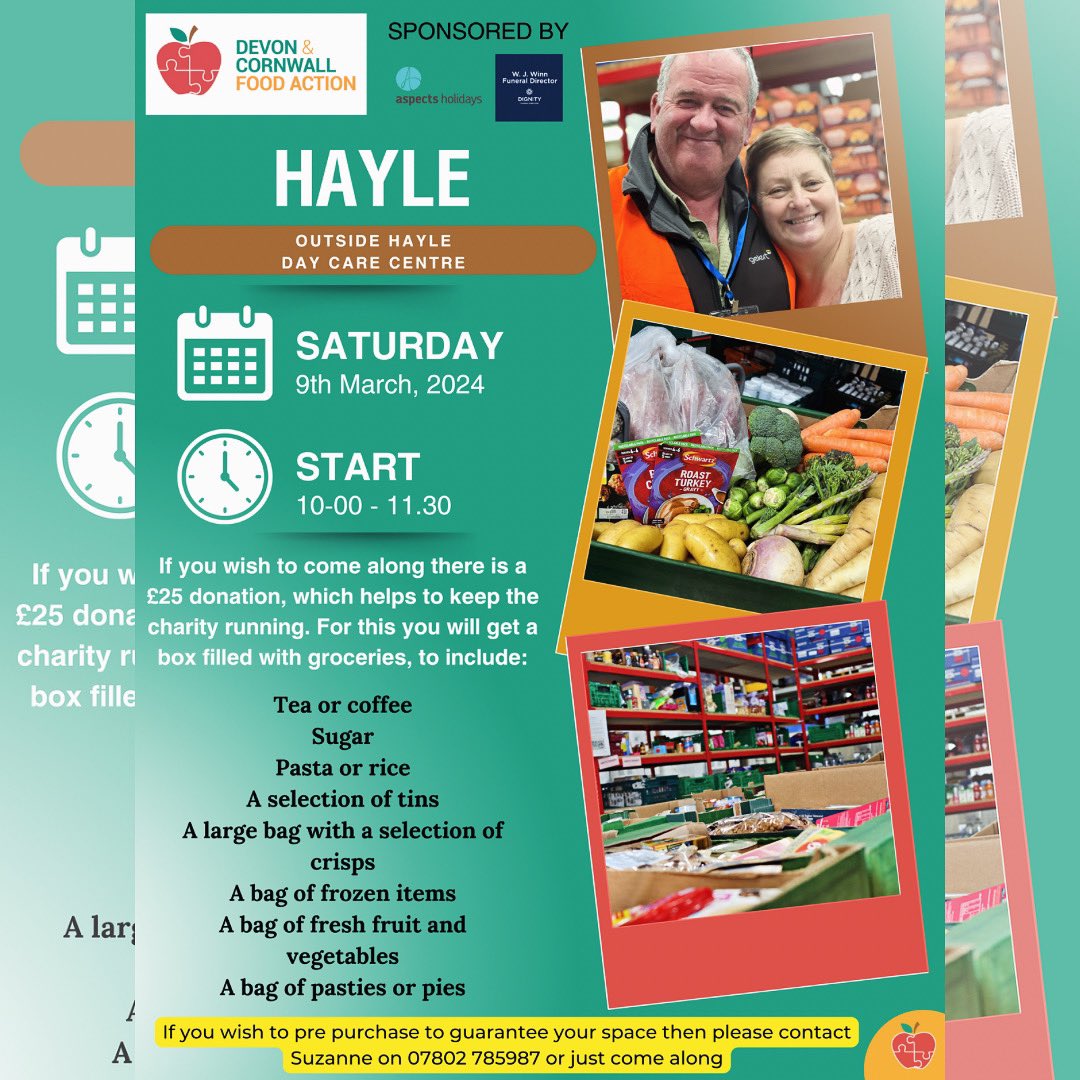 Devonandcornwallfoodaction (@dcfoodaction) on Twitter photo 🚚 Hayle Pop-Up Food Hub
👋🏻 Come and visit us this Saturday between 10am-11.30am to say hi or support us and yourselves by buying a generously packed food box, for a £25 donation.
With continuous gratitude to <a href="/AspectsHolidays/">Aspects Holidays</a>
#plymouthcharity #dcfacharity #foodchangeslives 🚚 Hayle Pop-Up Food Hub
👋🏻 Come and visit us this Saturday between 10am-11.30am to say hi or support us and yourselves by buying a generously packed food box, for a £25 donation.
With continuous gratitude to <a href="/AspectsHolidays/">Aspects Holidays</a>
#plymouthcharity #dcfacharity #foodchangeslives