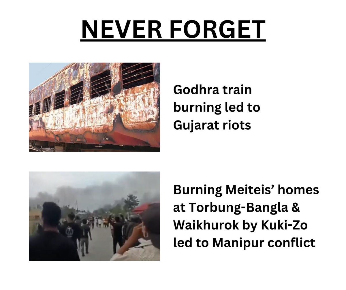 Subsequent consequences and events can be discussed only after finding out the initial causes comprehensively. 

Cause of Gujarat riots: Godhra train burning
Cause of Manipur violence: Meiteis’ homes burning