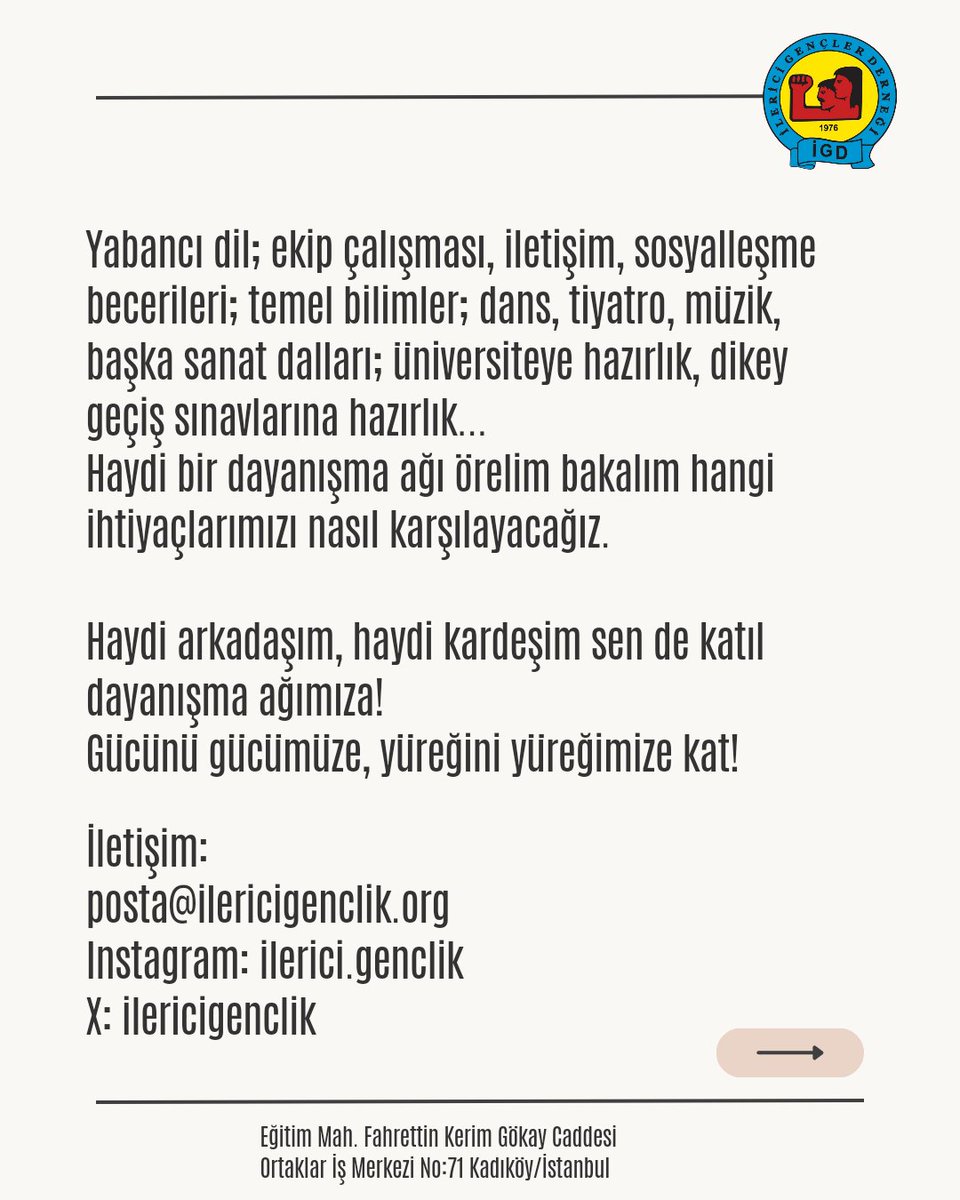 ilericigenclik's tweet photo. Merhaba sevgili arkadaşlar, dostlar!

Gençler olarak öğrenmek, sosyalleşmek ve eğlenmek istiyoruz. İşte bu nedenle "Dayanışma Derslerini" başlatıyoruz. 

Haydi arkadaşım sen de katıl dayanışma ağımıza.

(Katılmak için bize direkt mesaj atabilirsin) https://t.co/HSxgkZVws5
