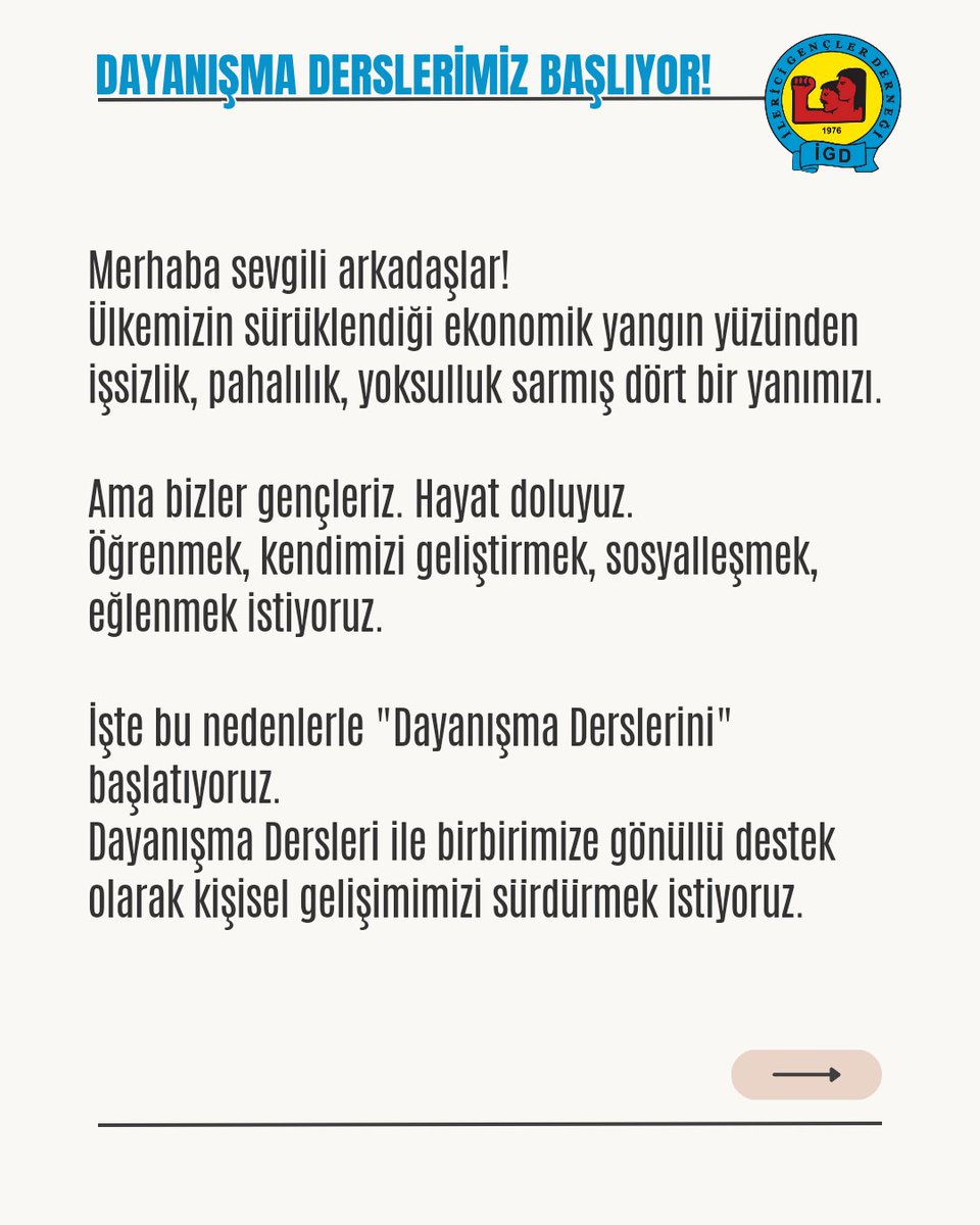 ilericigenclik's tweet photo. Merhaba sevgili arkadaşlar, dostlar!

Gençler olarak öğrenmek, sosyalleşmek ve eğlenmek istiyoruz. İşte bu nedenle "Dayanışma Derslerini" başlatıyoruz. 

Haydi arkadaşım sen de katıl dayanışma ağımıza.

(Katılmak için bize direkt mesaj atabilirsin) https://t.co/HSxgkZVws5