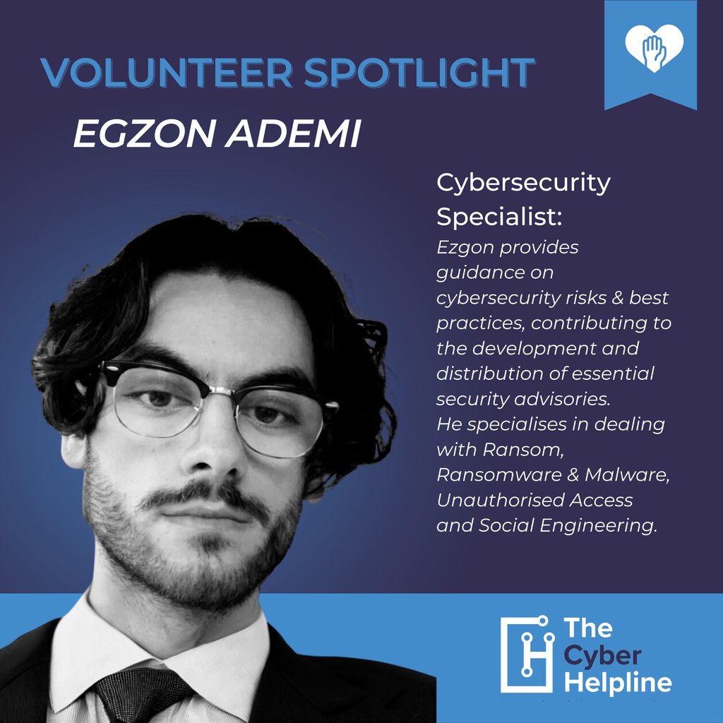 Featuring our volunteer Cybersecurity Specialist and Subject Matter Expert on the Advice team, Egzon Ademi. ✨

Congrats on your successes at #TheCyberHelpline, Egzon! 🙌

👉 Interested in volunteering? See all available roles here: 
thecyberhelpline.com/join-us-1?utm_…

#volunteerspotlight