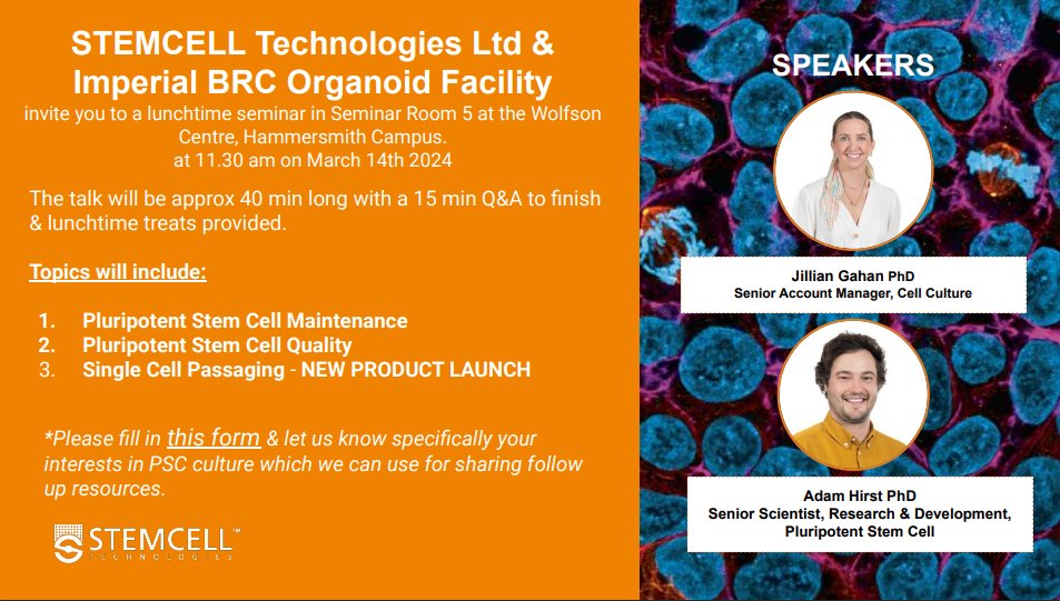 Seminar Alert 🚨 STEMCELL Technologies Ltd and @ImpOrganoid invite you to a lunchtime seminar on 14 Mar at 11:30 to talk about Pluripotent Stem Cell Maintenance, Pluripotent Stem Cell Quality and Single Cell Passaging - NEW PRODUCT LAUNCH More details imperialbrc.nihr.ac.uk/testing-events…